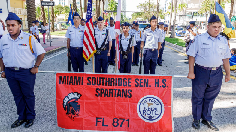 ROTC Southridge Senior High School Air Force ROTC cadets holding banner. Photo: Jeffrey Greenberg/Universal Images Group via Getty Images